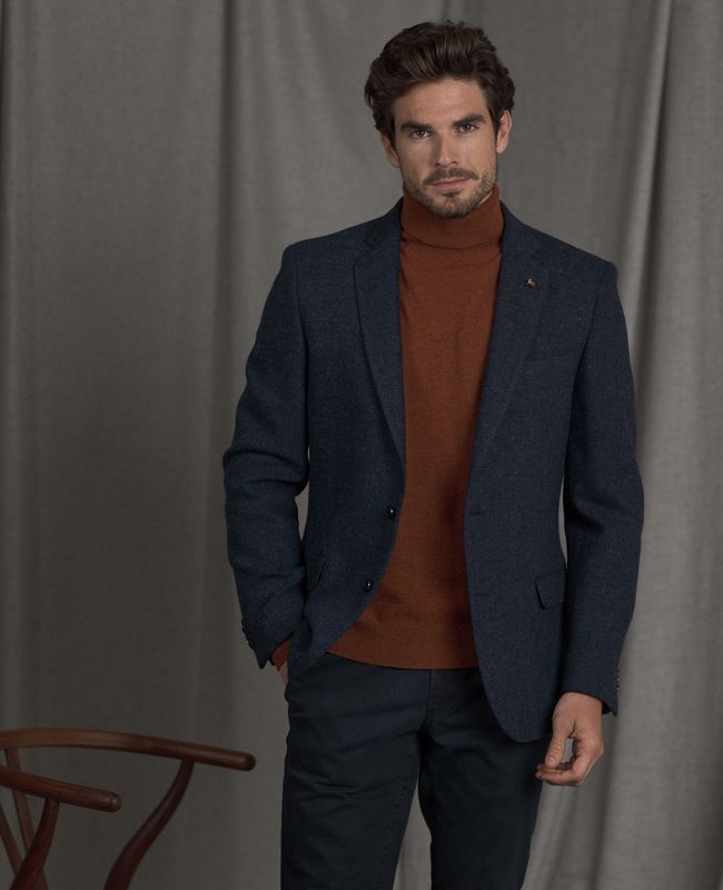 Liffey Donegal Tweed Blazer in Blue Herringbone