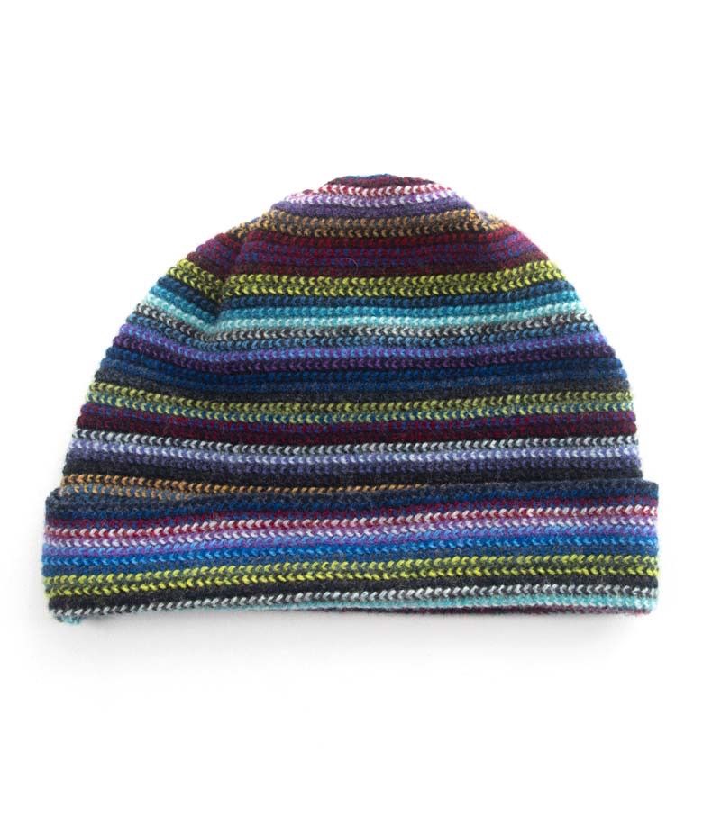 Lambswool Stripe Beanie Hat - Multi Dark