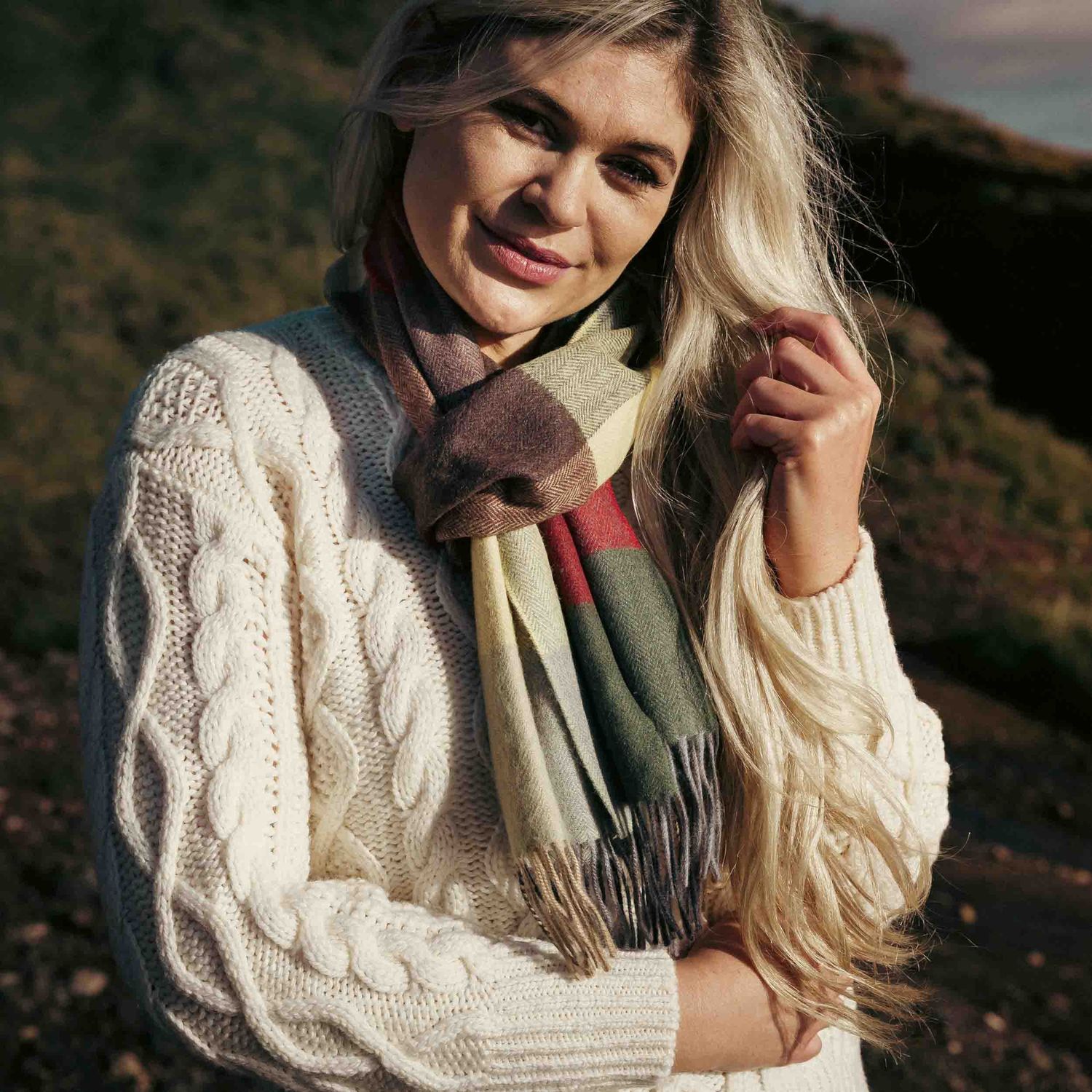 100% Merino Wool Scarf - Yellow Green Brown Block