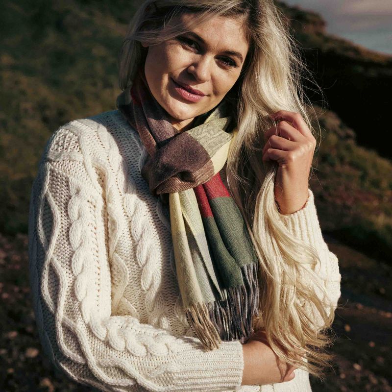 100% Merino Wool Scarf - Yellow Green Brown Block