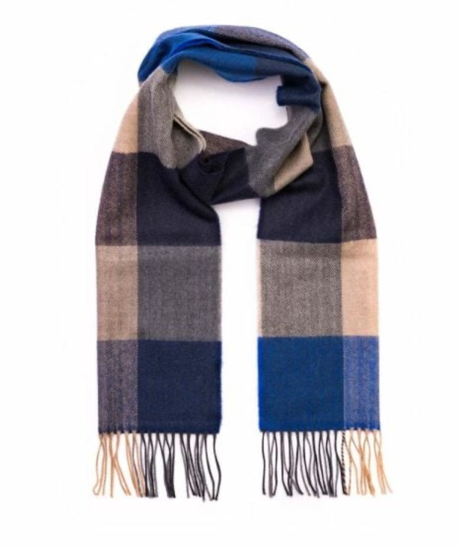 Merino Luxury Wool Scarf - Blue Navy Sand Block Check