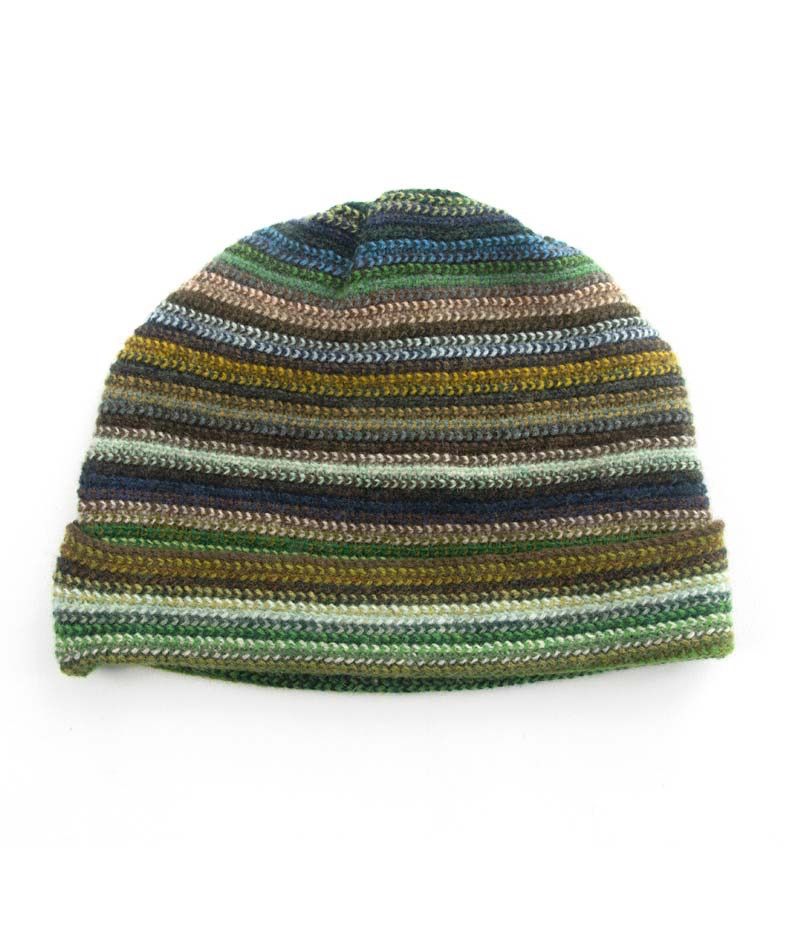 Lambswool Stripe Beanie Hat - Greens