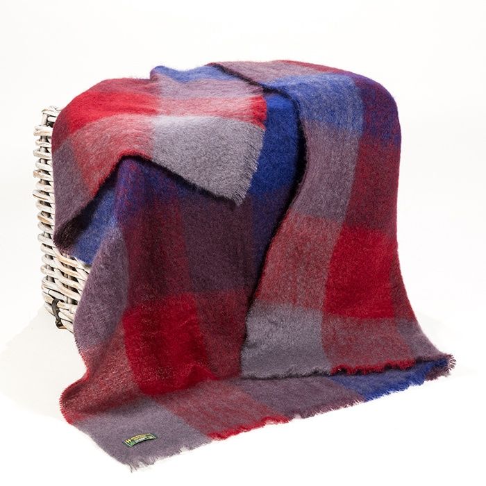 Mohair Throw Blue Maroon Claret Blocks