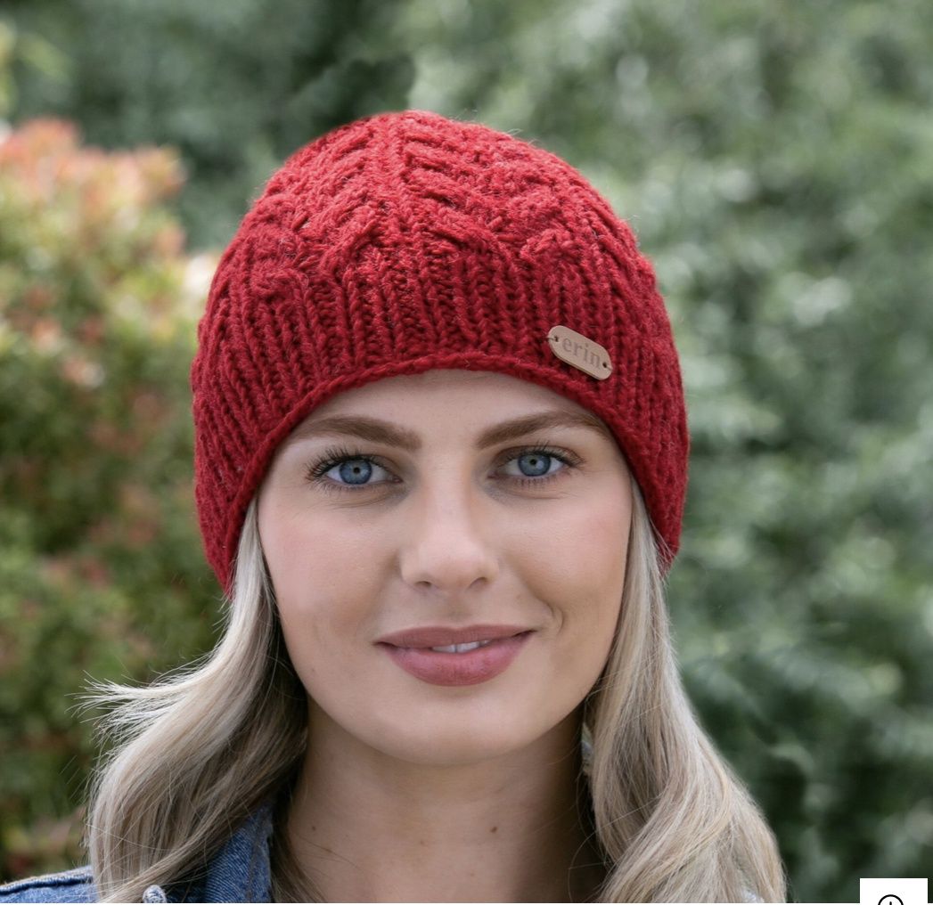 Aran Cable Pull On Hat, Colour: RED