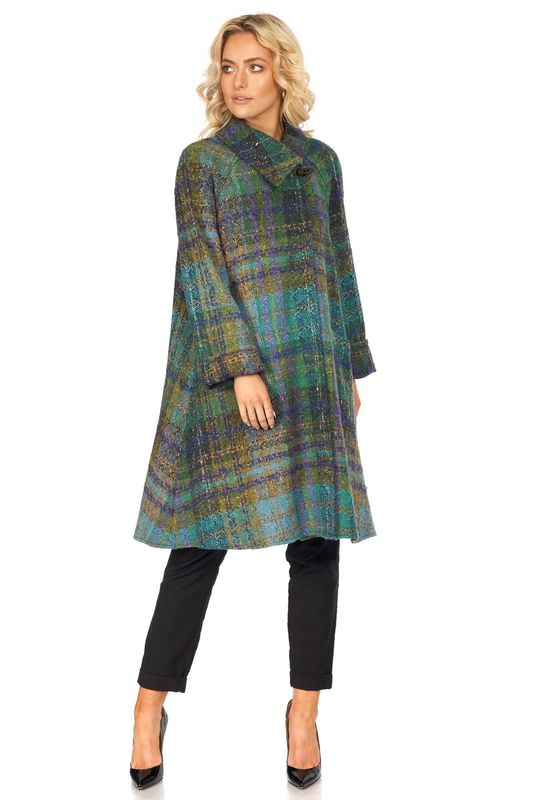Handwoven Donegal Tweed Swing Coat - Blue Green