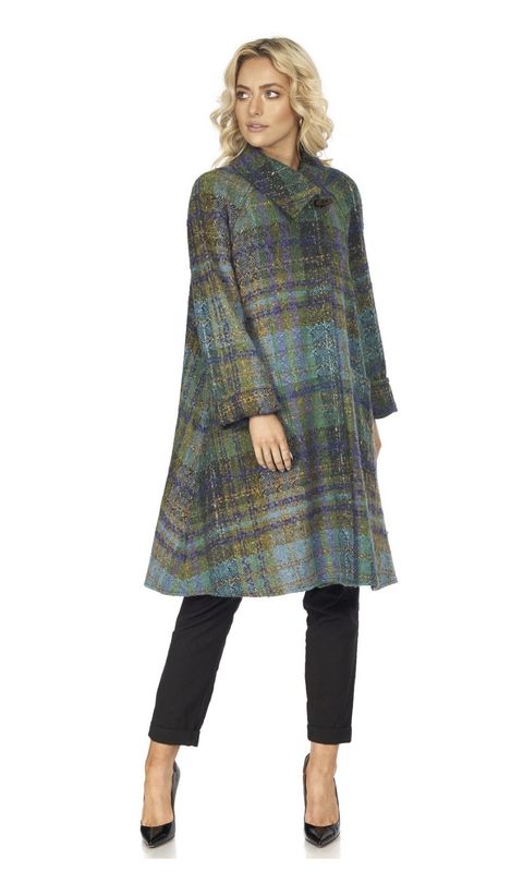 Handwoven Donegal Tweed Swing Coat - Blue Green