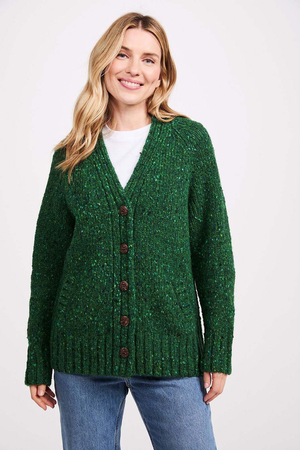 Ladies&#39; Donegal Cardigan with Side Pockets - Valley Green