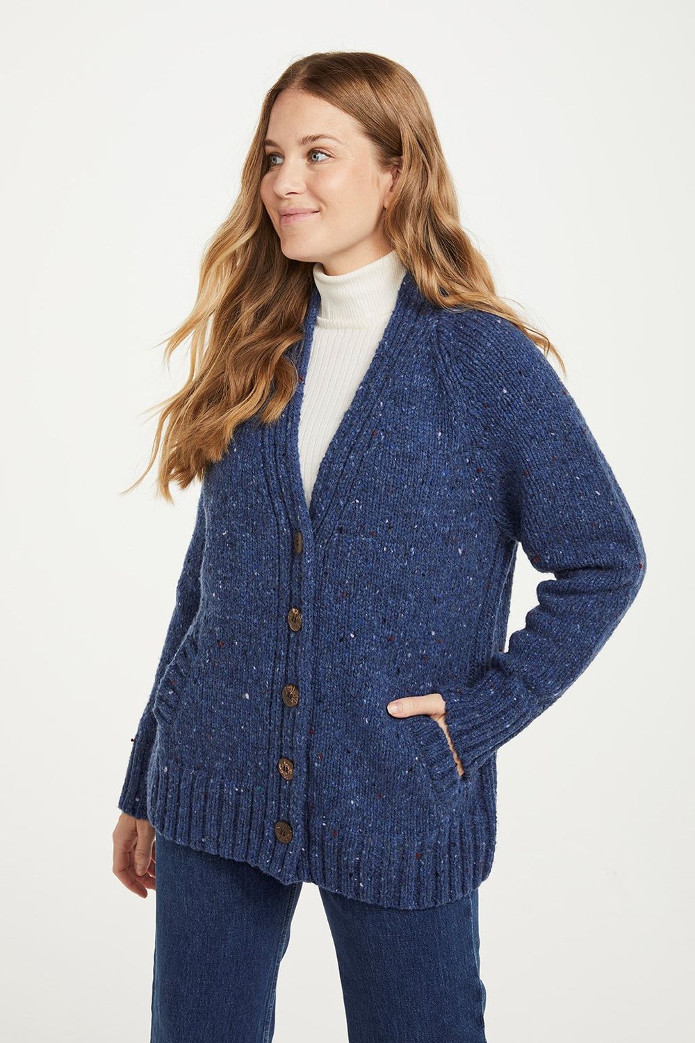 Ladies&#39; Donegal Cardigan with Side Pockets - Denim