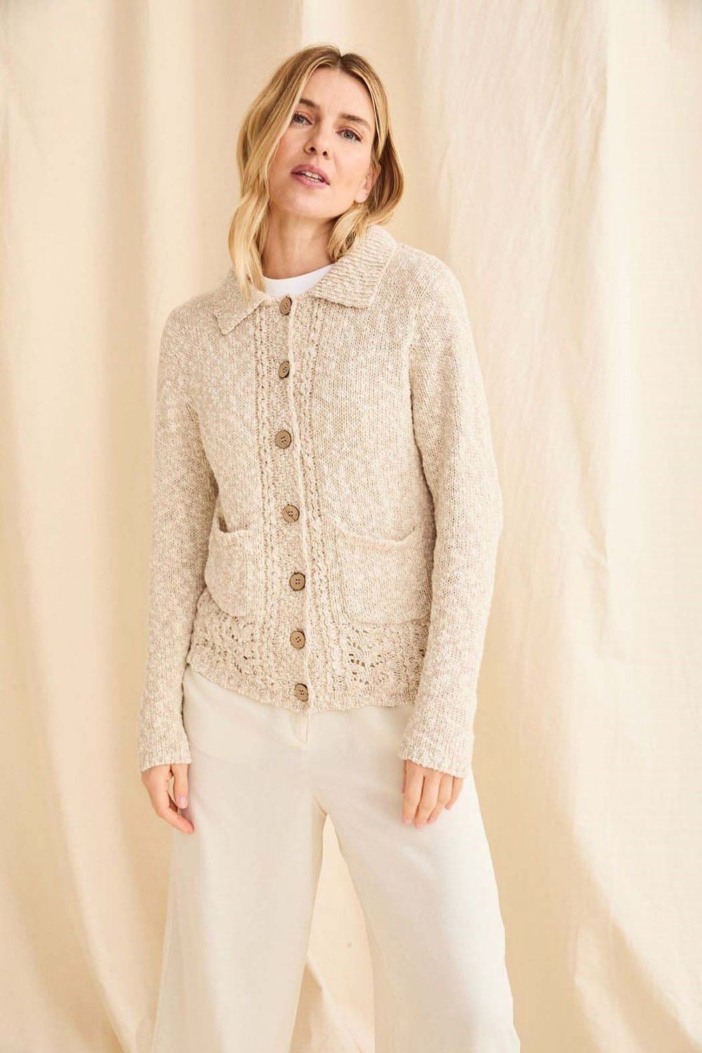 Cotton Linen Cardigan with Pattern - Warm Oatmeal
