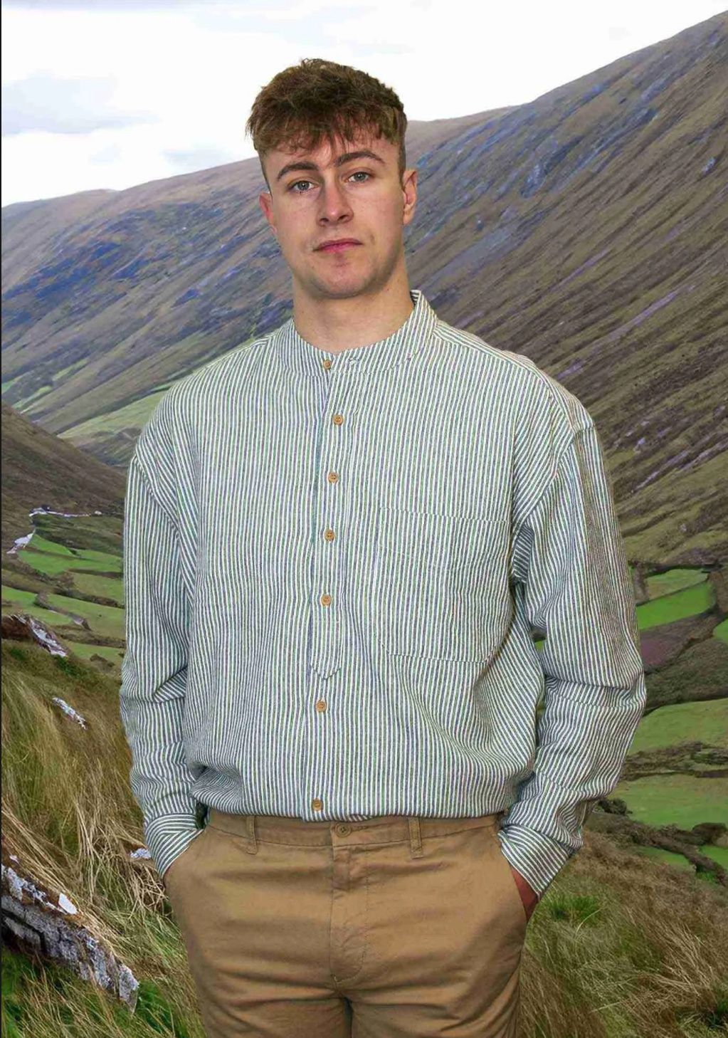 Linen Grandfather Shirt-White/Blue/Green