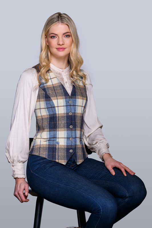 Ladies Tweed Waistcoat - Blue Cream