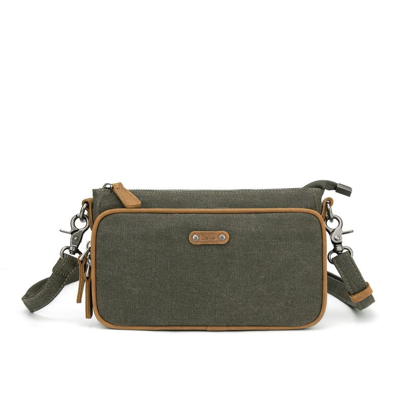 Small Waxed Canvas Shoulder Bag - Green w/ brown trim