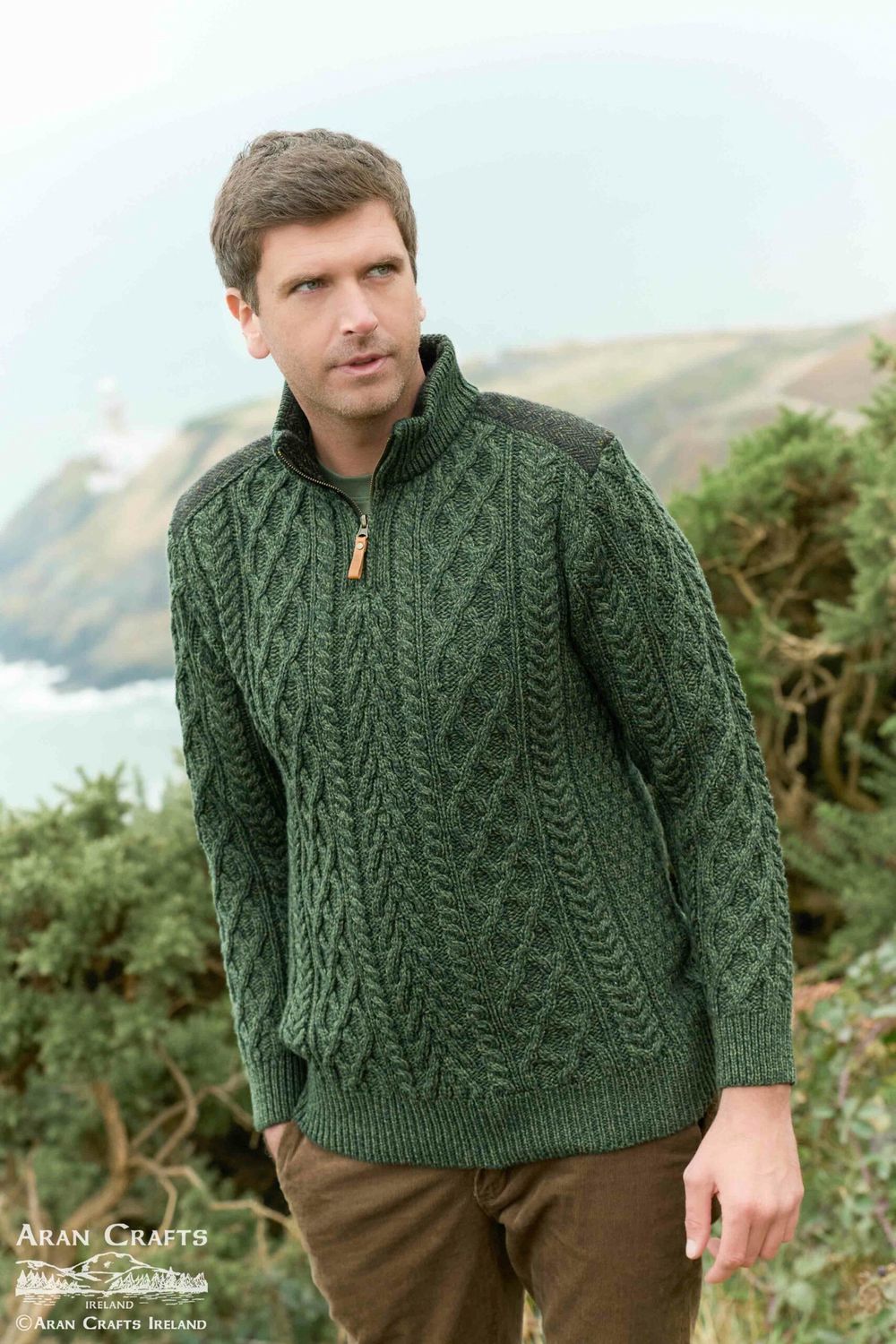 Curracloe Half Zip Sweater with Tweed Patch - Army Green