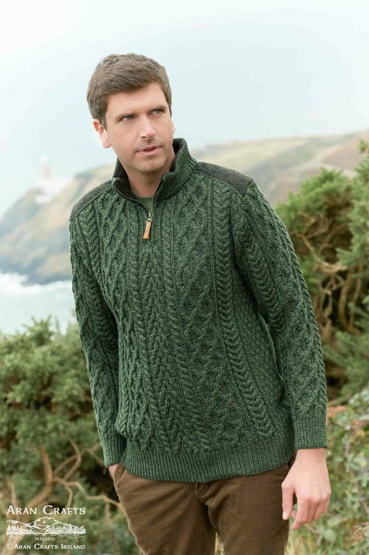 Curracloe Half Zip Sweater with Tweed Patch - Army Green