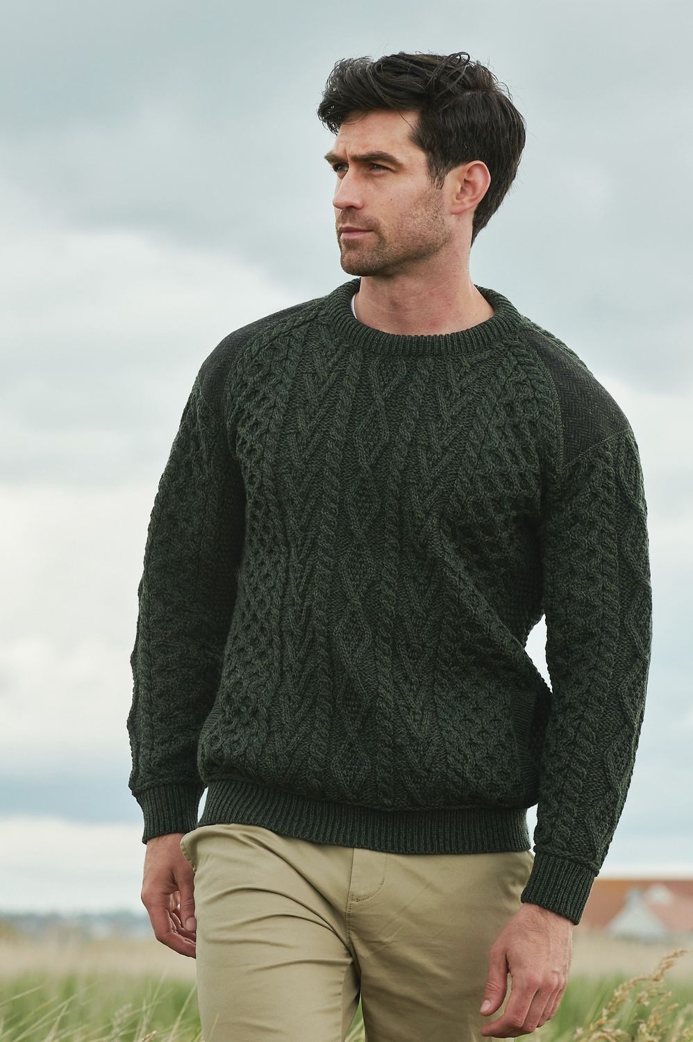 Sligo Crew Neck Sweater With Tweed - Army Green