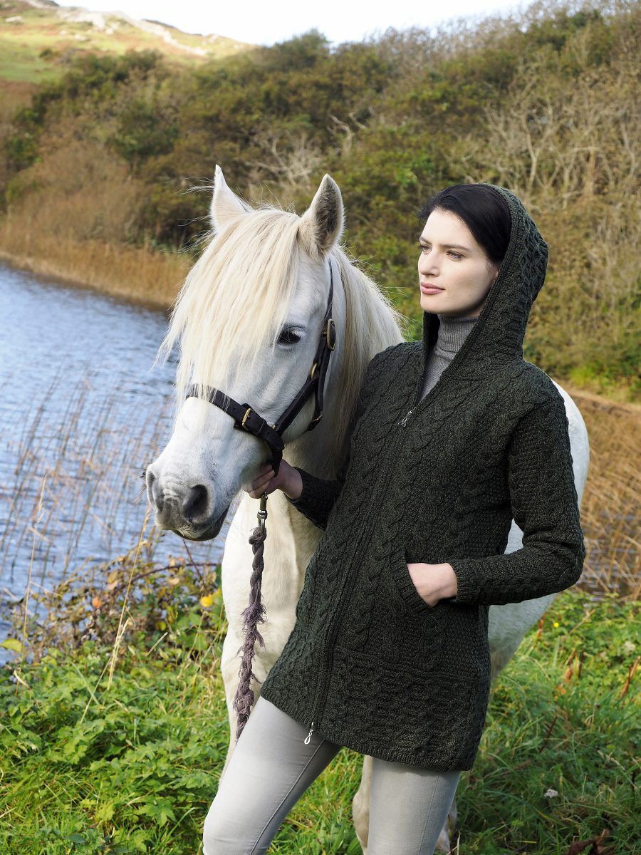 Galway Coat with Celtic Knot Zipper- Army Green