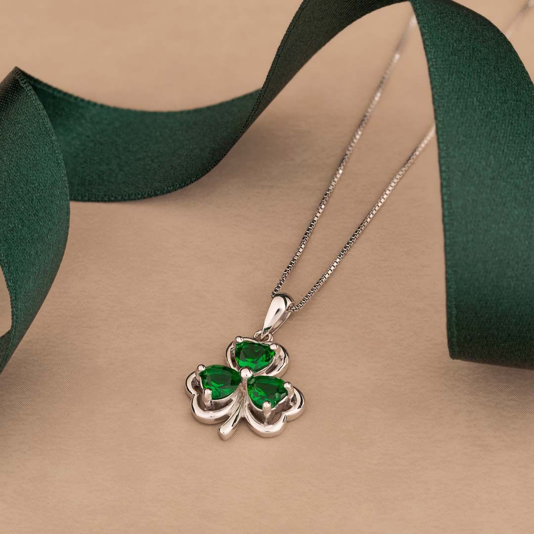 Sterling Silver Shamrock with Green Crystal leaves necklace