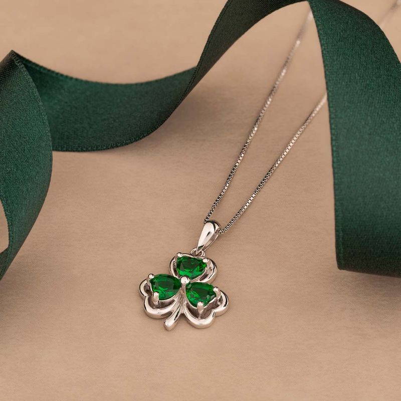 Sterling Silver Shamrock with Green Crystal leaves necklace