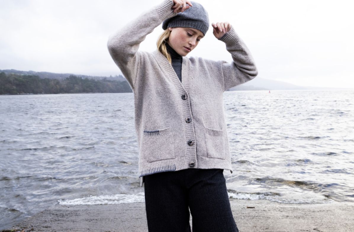 Cardigan With Blanket Stitch - Mushroom/ Charcoal
