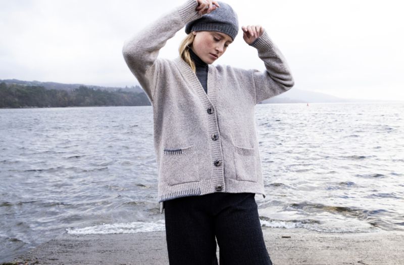 Cardigan With Blanket Stitch - Mushroom/ Charcoal