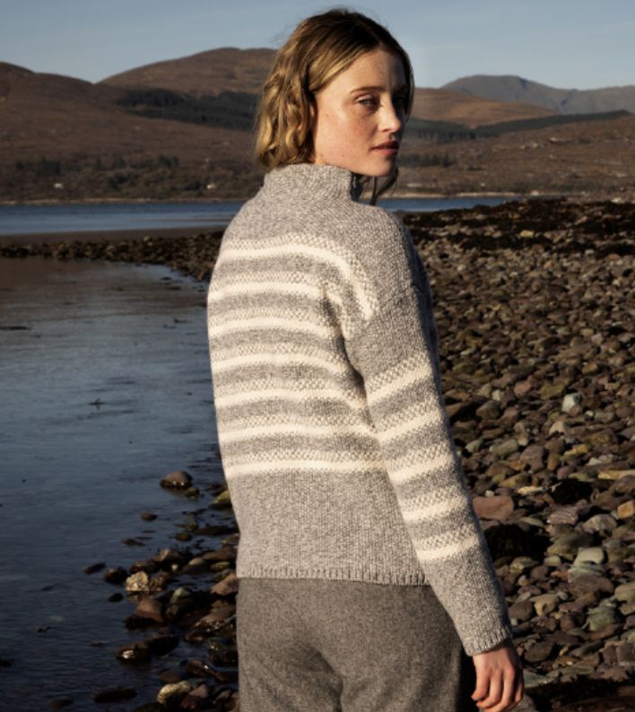 Mock Neck With Stripe - Grey/Cream
