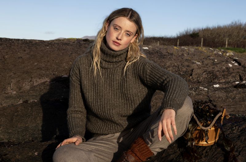 Boxy Ribbed Polo Neck - Dark Khaki