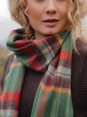 100% Merino Wool Scarf - Green/Rust/Orange/Brown Check