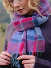 Irish Wool Scarf Long - Raspberry Red/Lavender Purple Check