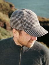 Tweed Baseball Cap with Ear Flaps - Grey &amp; Charcoal Houndstooth