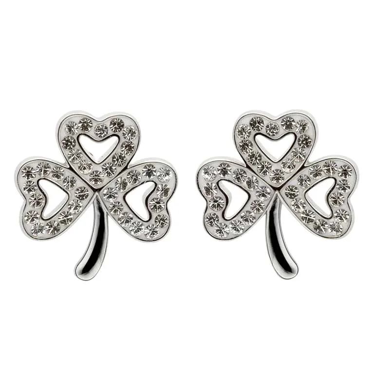 Sterling Silver Crystal Shamrock Stud Earrings