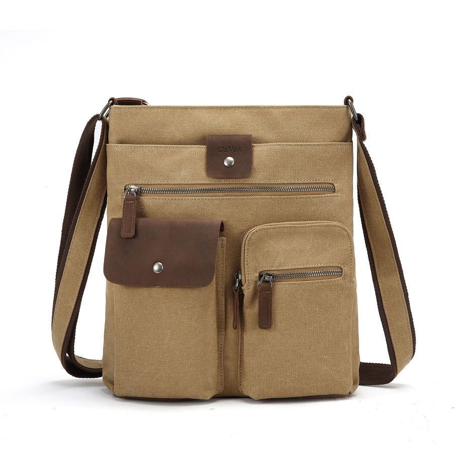 Canvas Messenger Bag Leather Trim - Mustard