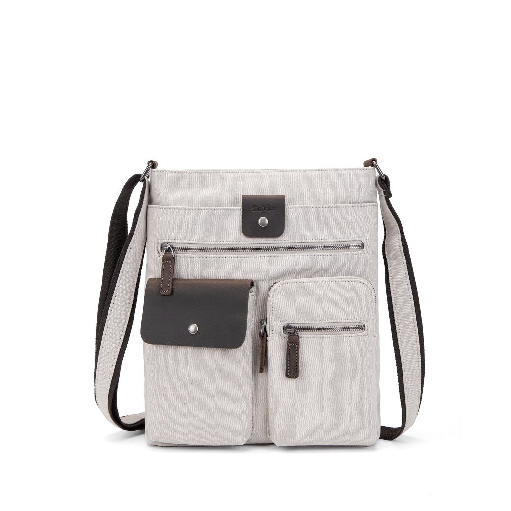 Canvas Messenger Bag Leather Trim - Cream