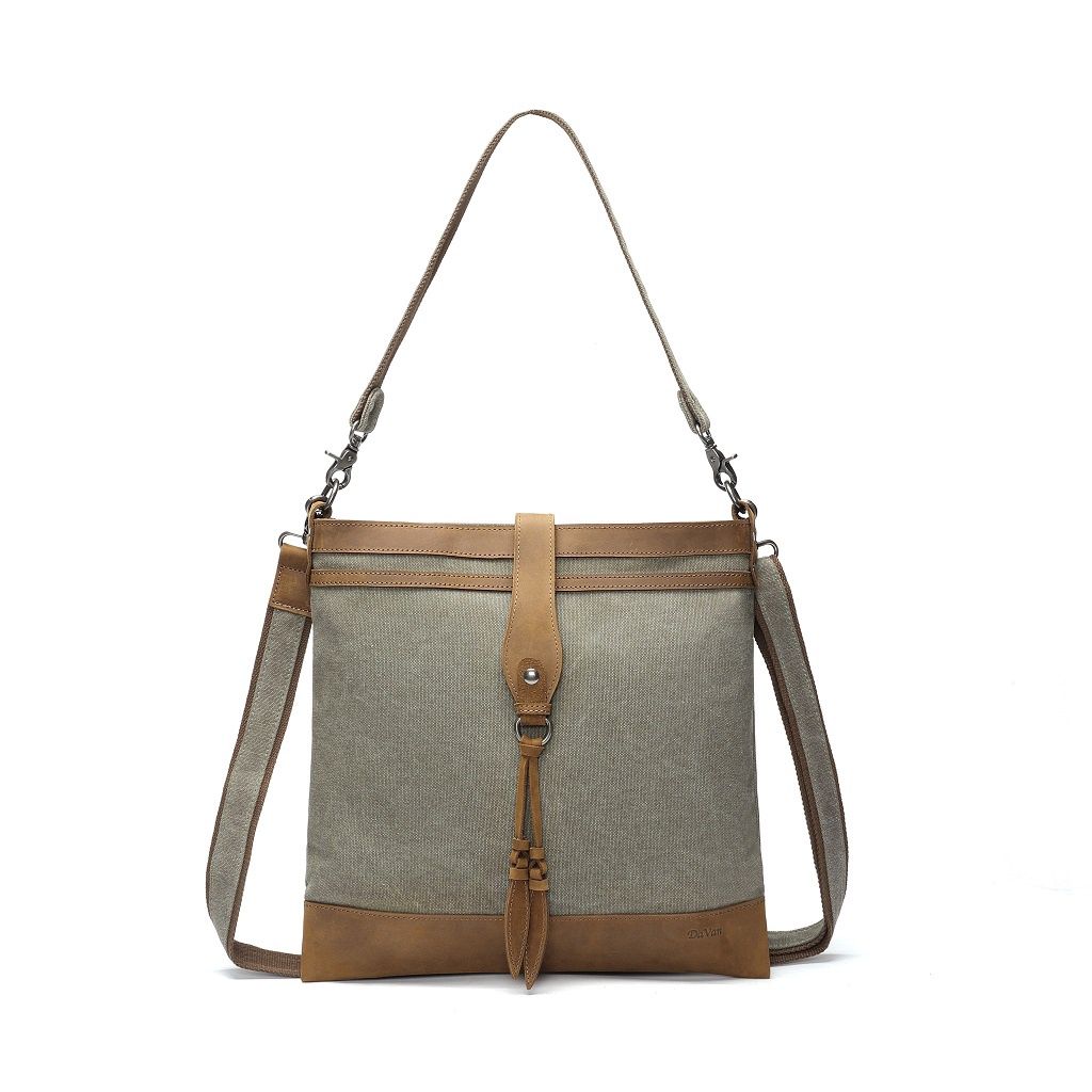 Canvas Shoulder Bag With Tassel - Green