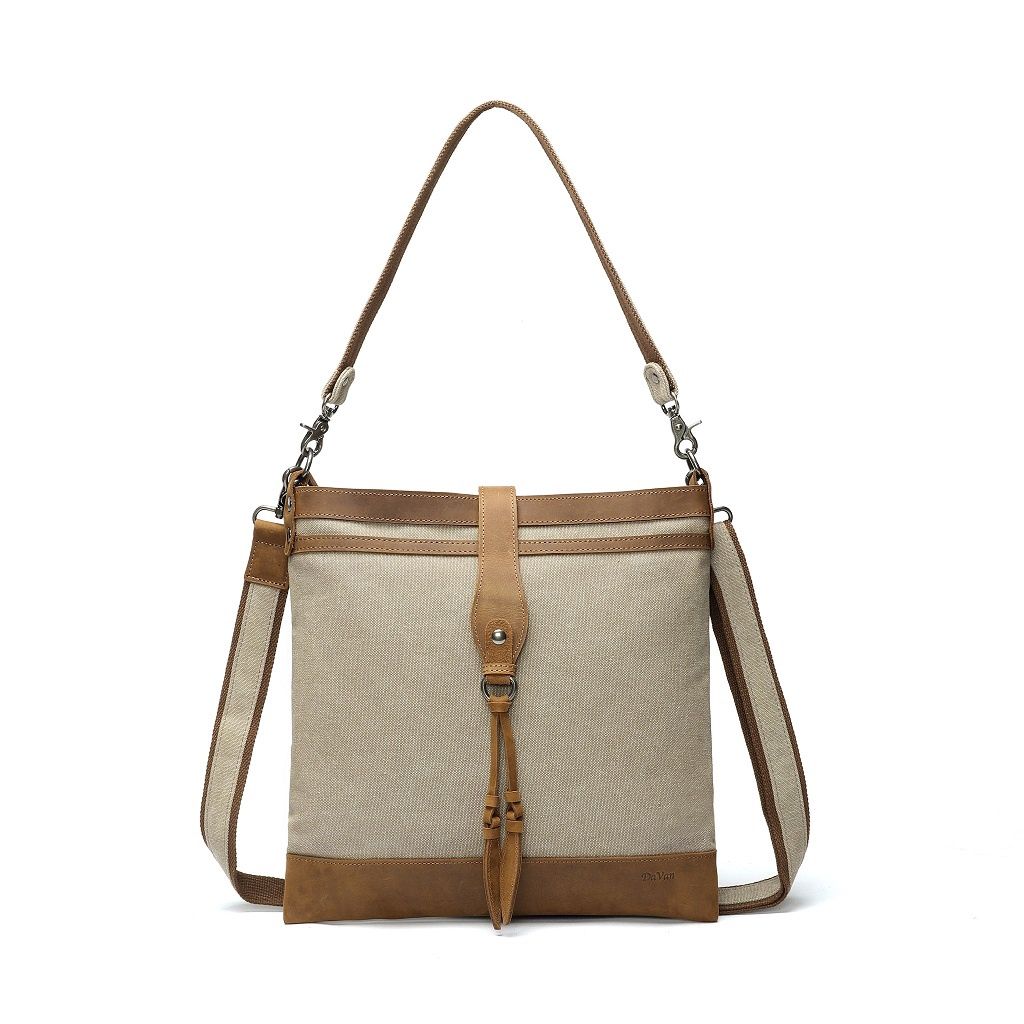 Canvas Shoulder Bag With Tassel - Khaki