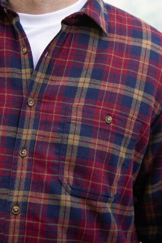 Men’s Flannel Fleece Lined Shirt - Maroon and Navy Check
