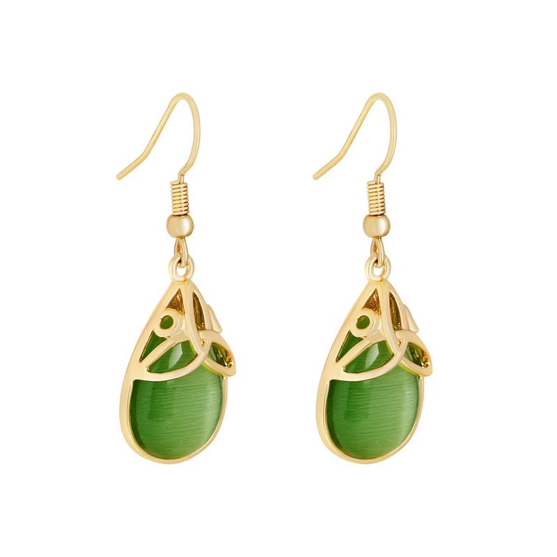 Gold Plated Trinity with Green Stone - Drop Earrings