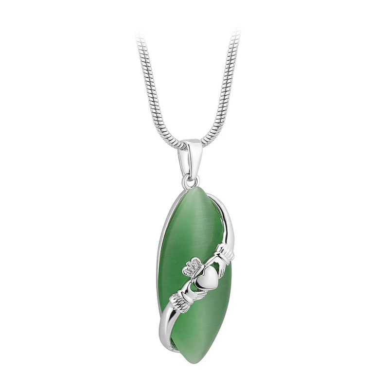 Rhodium Plated Green Cat Eye Claddagh Necklace