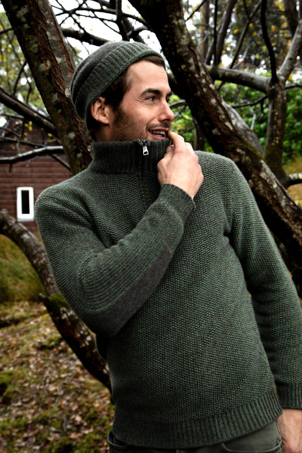 Fisherman Seed Stitch Zip Neck - Field