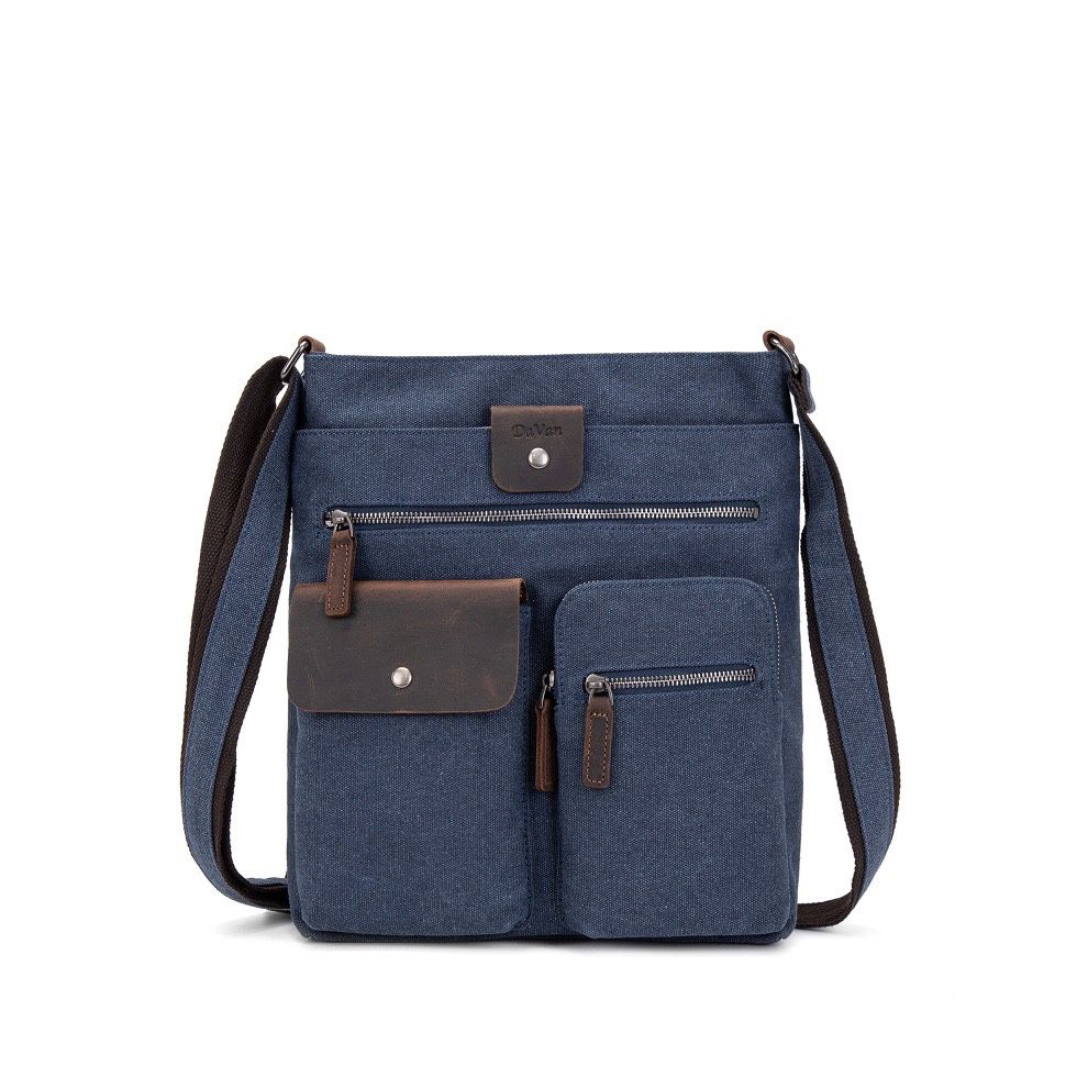 Canvas Messenger Bag Leather Trim - Blue