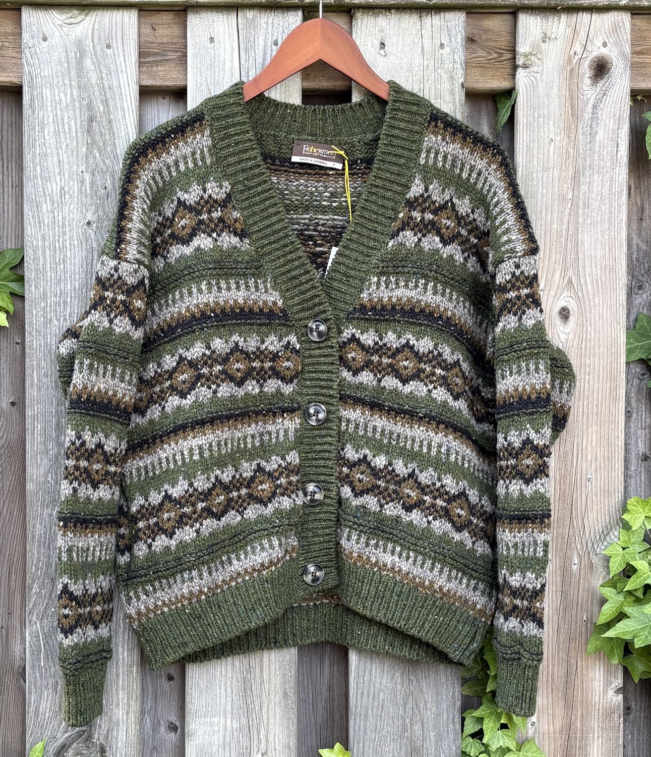 Fairisle V Neck Cardigan - Seaweed, Size: XS