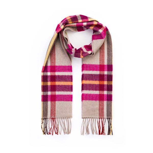 Merino Luxury Wool Scarf - Pink/Wine/Orange/Stone Check