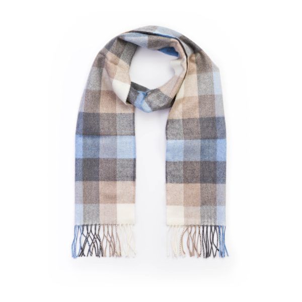 Merino Luxury Wool Scarf - Blue/Grey/Stone/White Block Check