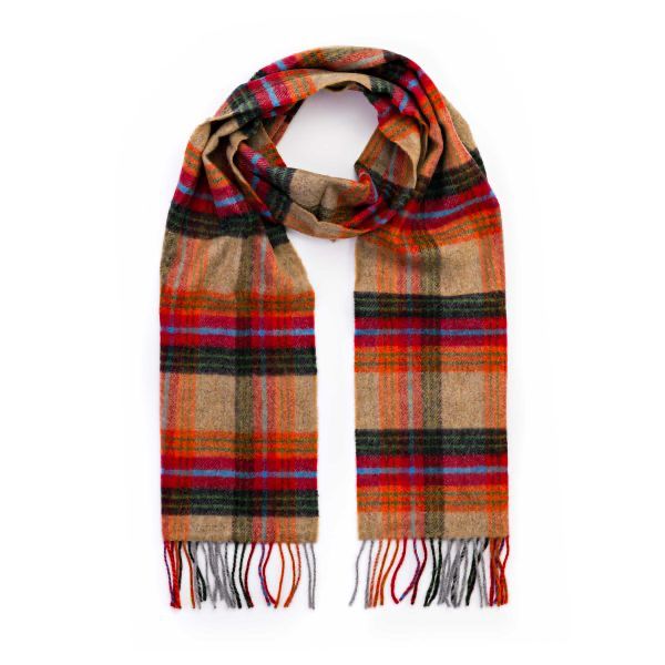 Irish Wool Scarf Long - Beige Orange Red Charcoal Plaid