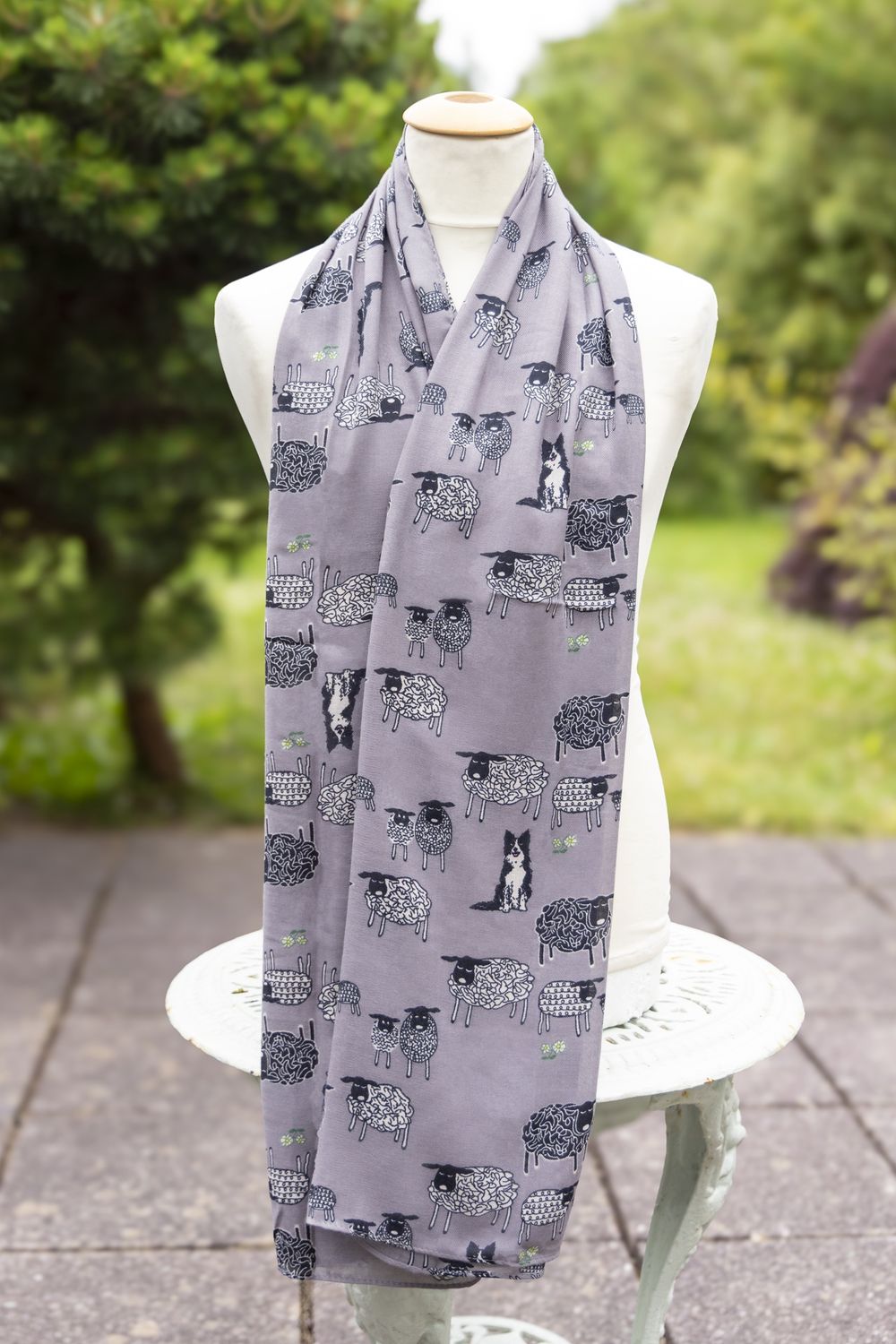 Sketched Sheep &amp; Dog Scarf - Grey