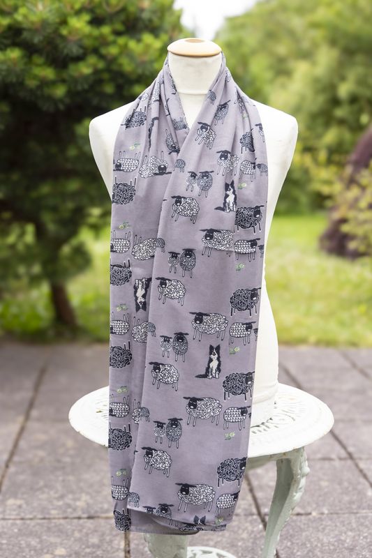 Sketched Sheep &amp; Dog Scarf - Grey