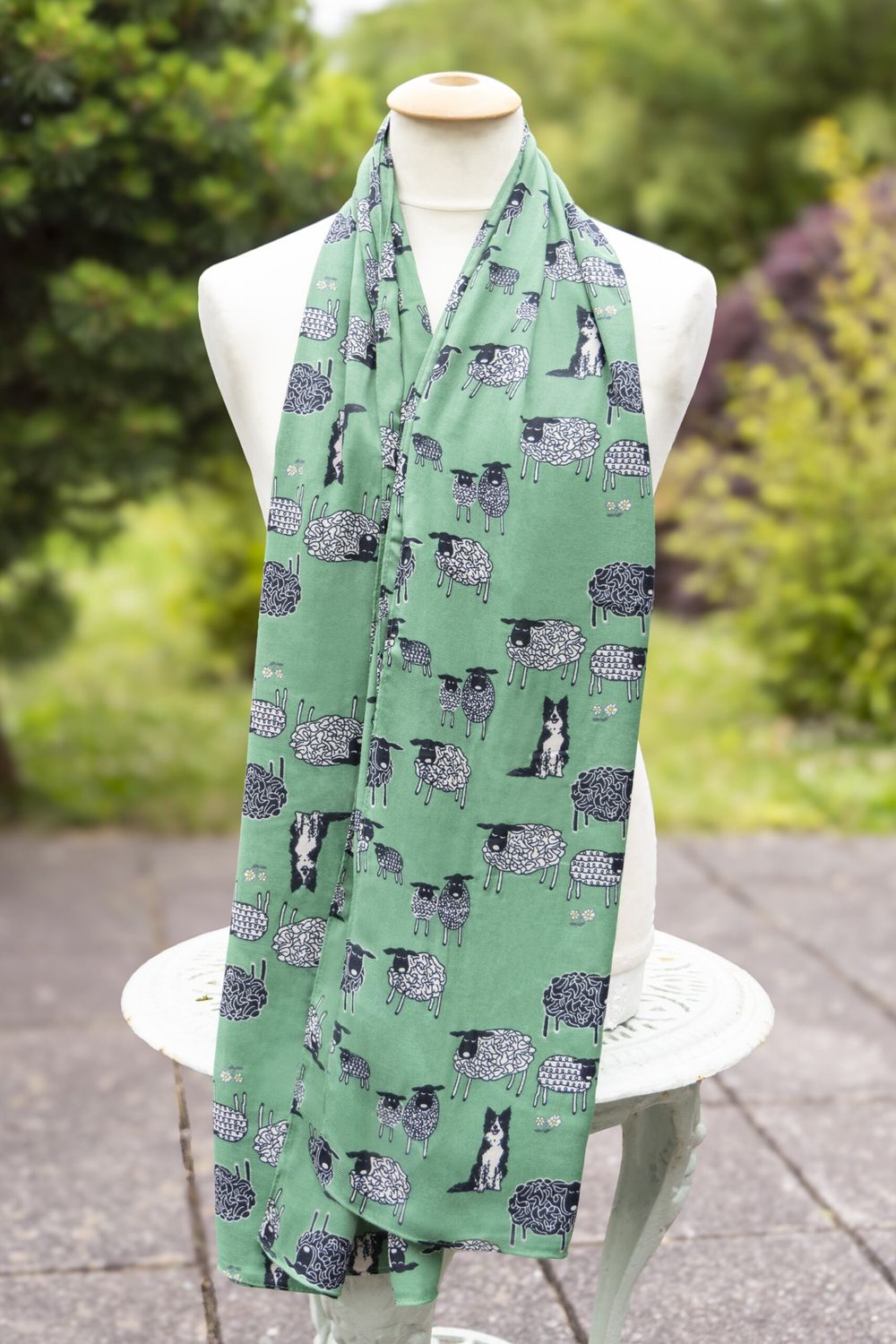 Sketched Sheep &amp; Dog Scarf - Green