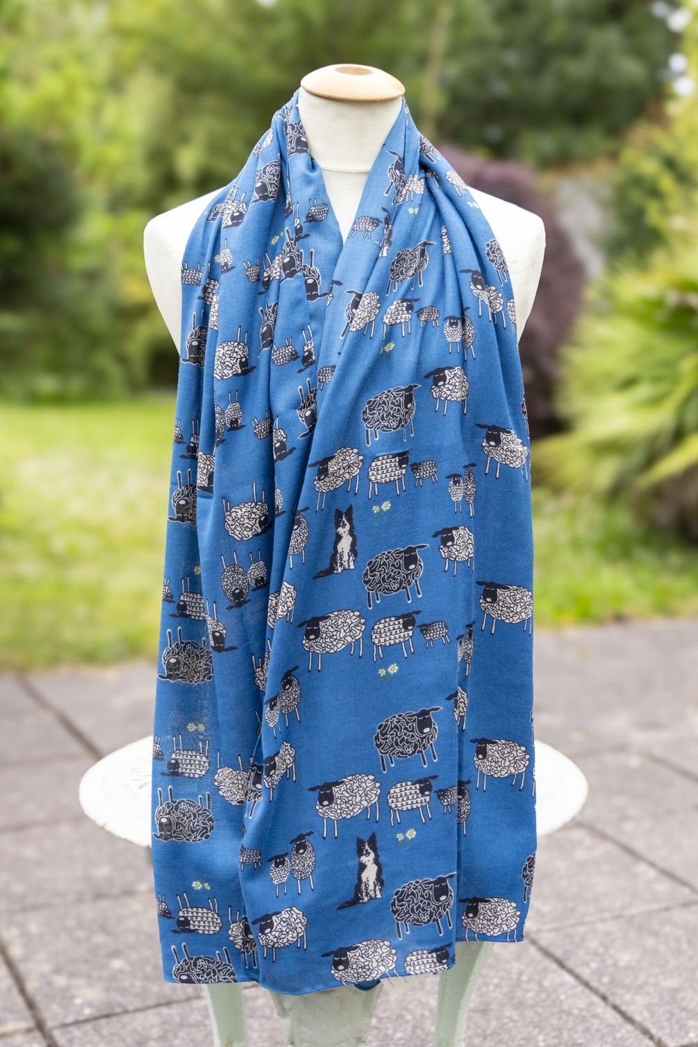 Sketched Sheep &amp; Dog Scarf - Denim