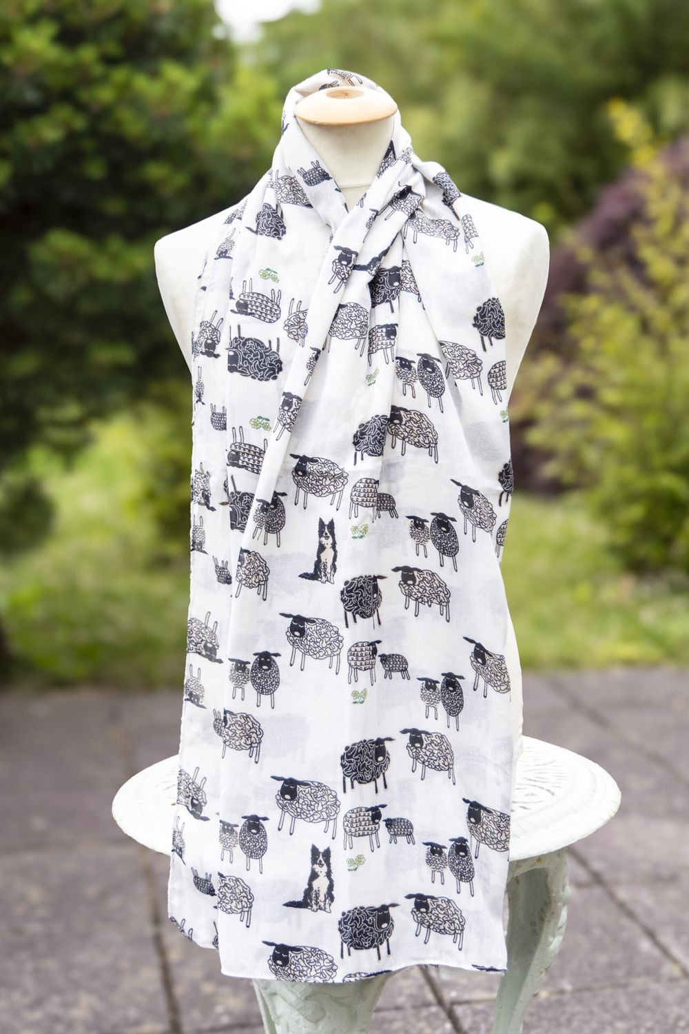 Sketched Sheep &amp; Dog Scarf - White