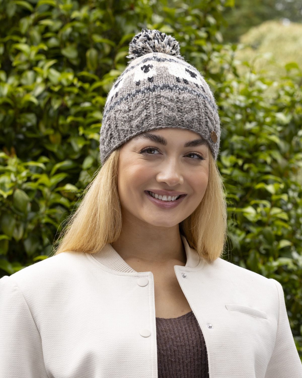 Sheep Bobble Hat Cable Band - Grey/Beige