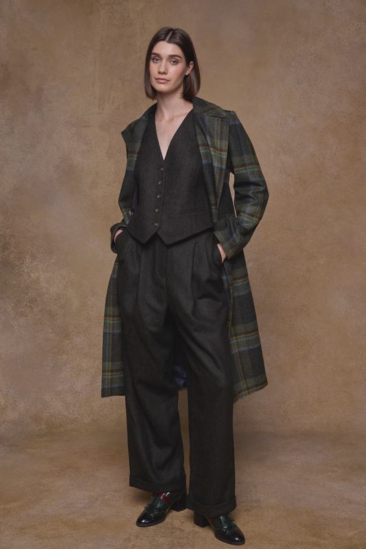 Faye Tweed Trousers - Deep Green Herringbone
